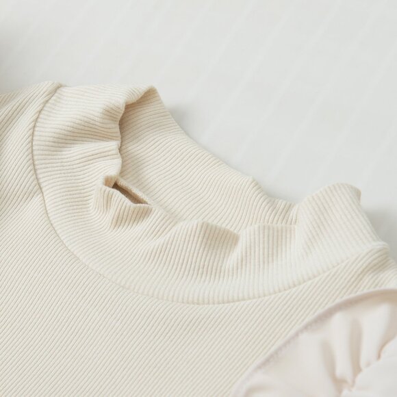 Beige Ruffle Flutter Sleeve High Neck Ribbed Blouse - Picture 3 of 4